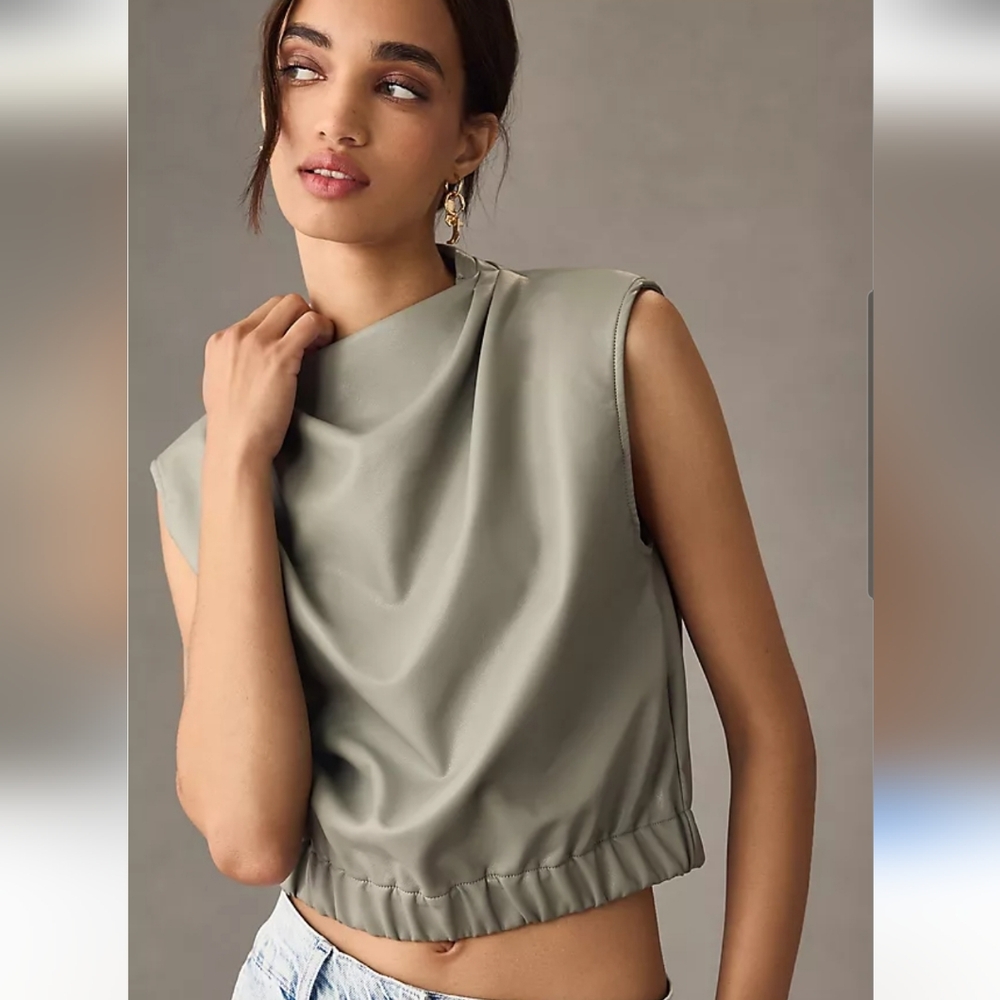Maeve Anthropology Cowl Drape Neck Top Faux Leather Green Womans Size L